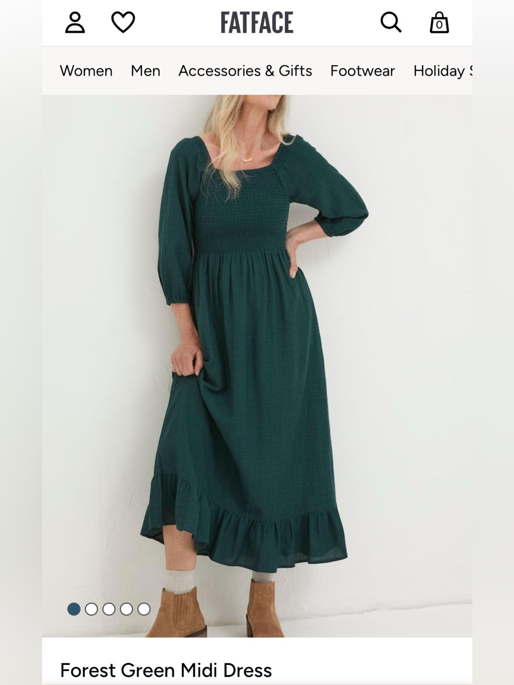 FatFace Adele Dress *Forest Green Smocked Square-Neck